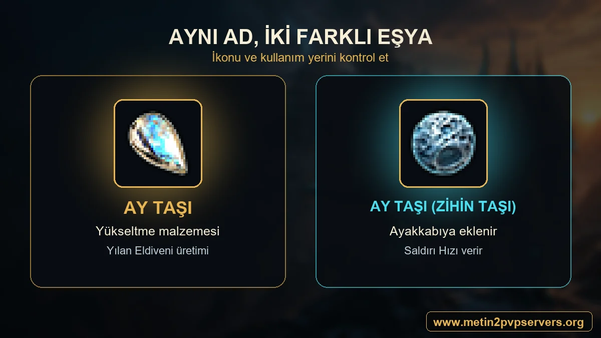 Metin2 Ay Taşı yükseltme malzemesi ile Ay Taşı Zihin Taşı ikon ve kullanım farkı