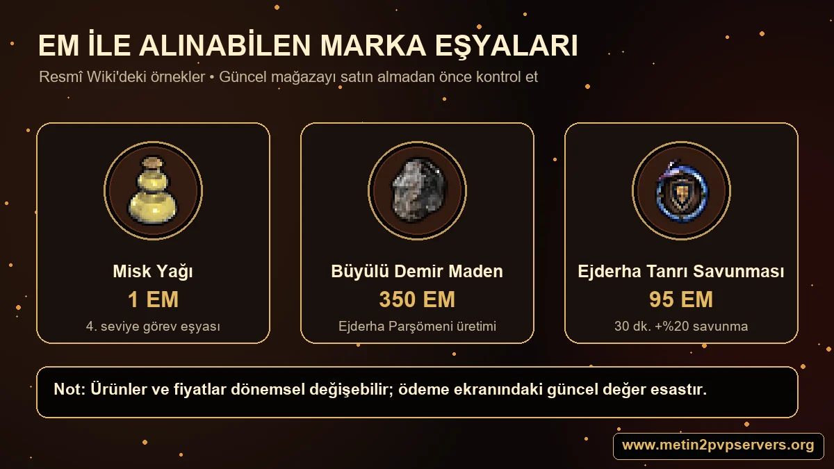 Metin2 Ejderha Markası ile alınan Misk Yağı Büyülü Demir Maden ve Ejderha Tanrı Savunması ikonları