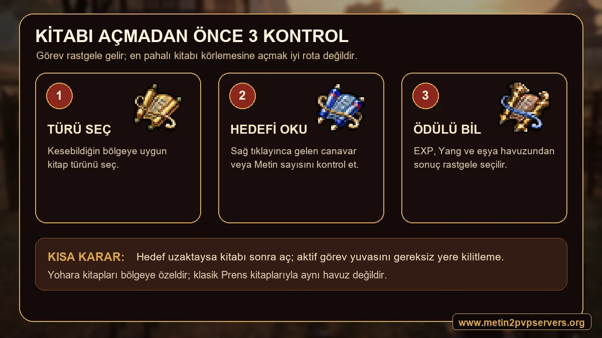 Metin2 Görev Kitabı açmadan önce tür hedef ve rastgele ödül kontrolü