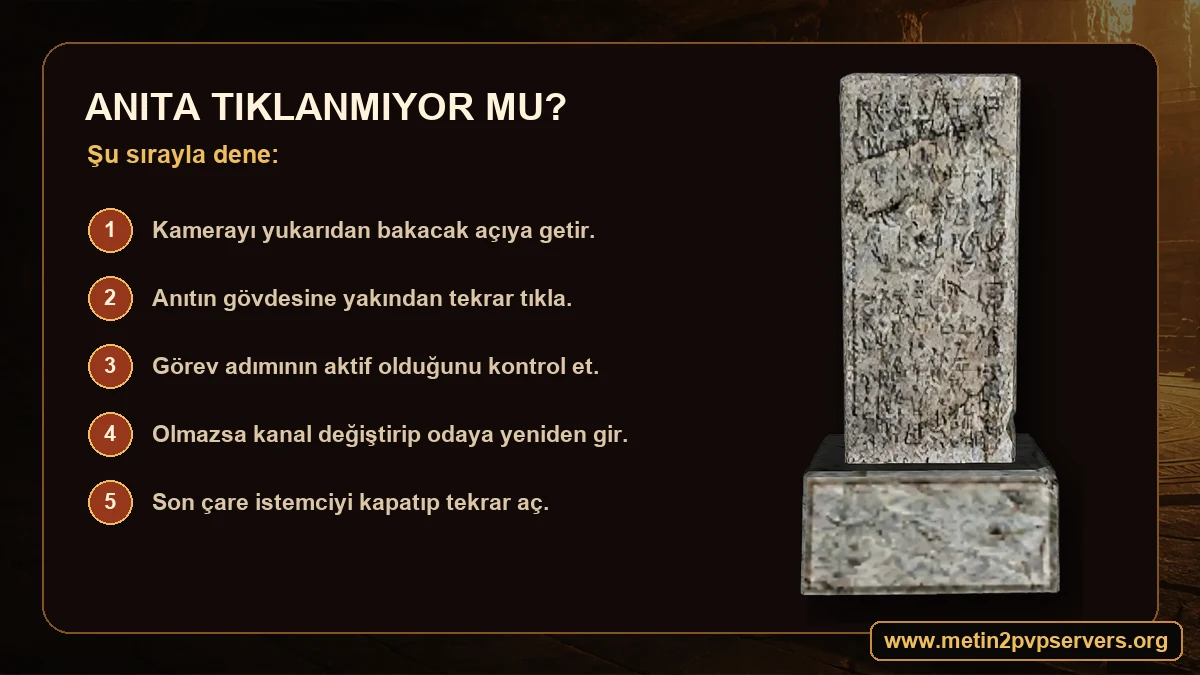 Metin2 Hasun Anıtı tıklanmıyor sorunu kamera açısı kanal değiştirme ve görev kontrolü