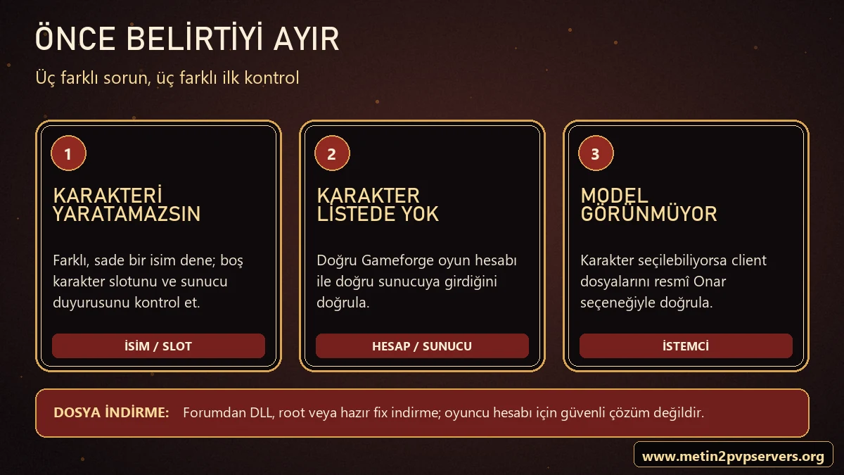 Metin2 karakteri yaratamazsın karakter listede yok ve karakter modeli görünmüyor hata ayrımı