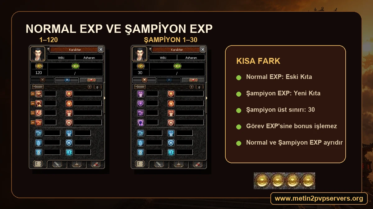 Metin2 normal EXP ile Şampiyon EXP farkı 1–120 ve Şampiyon 1–30 karakter panelleri