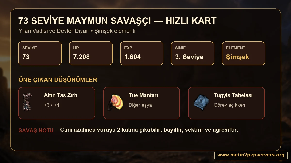 Metin2 Maymun Savaşçı 73 seviye HP EXP Şimşek elementi Altın Taş Zırh Tue Mantarı ve Tugyis Tabelası