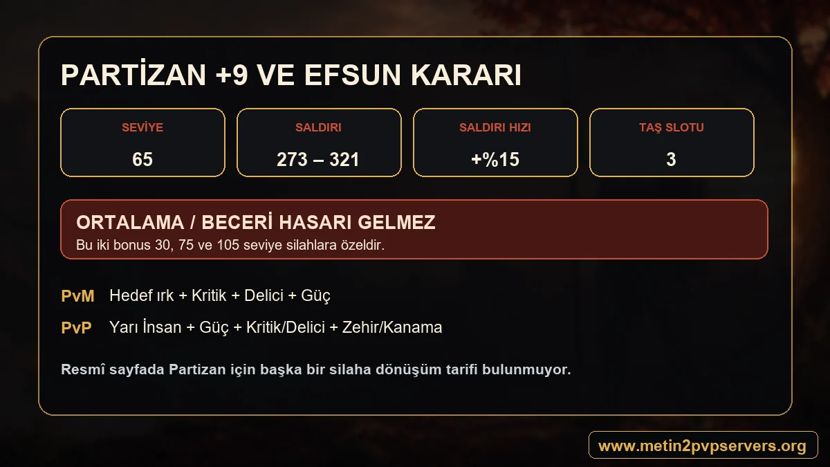 Metin2 Partizan +9 saldırı değeri saldırı hızı taş slotu ve efsun önerileri