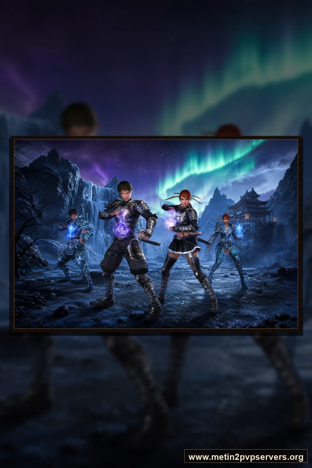 Aurora şelalesinde farklı zırhlı Metin2 ninja ekibi için sinematik Metin2 wallpaper dikey telefon duvar kağıdı