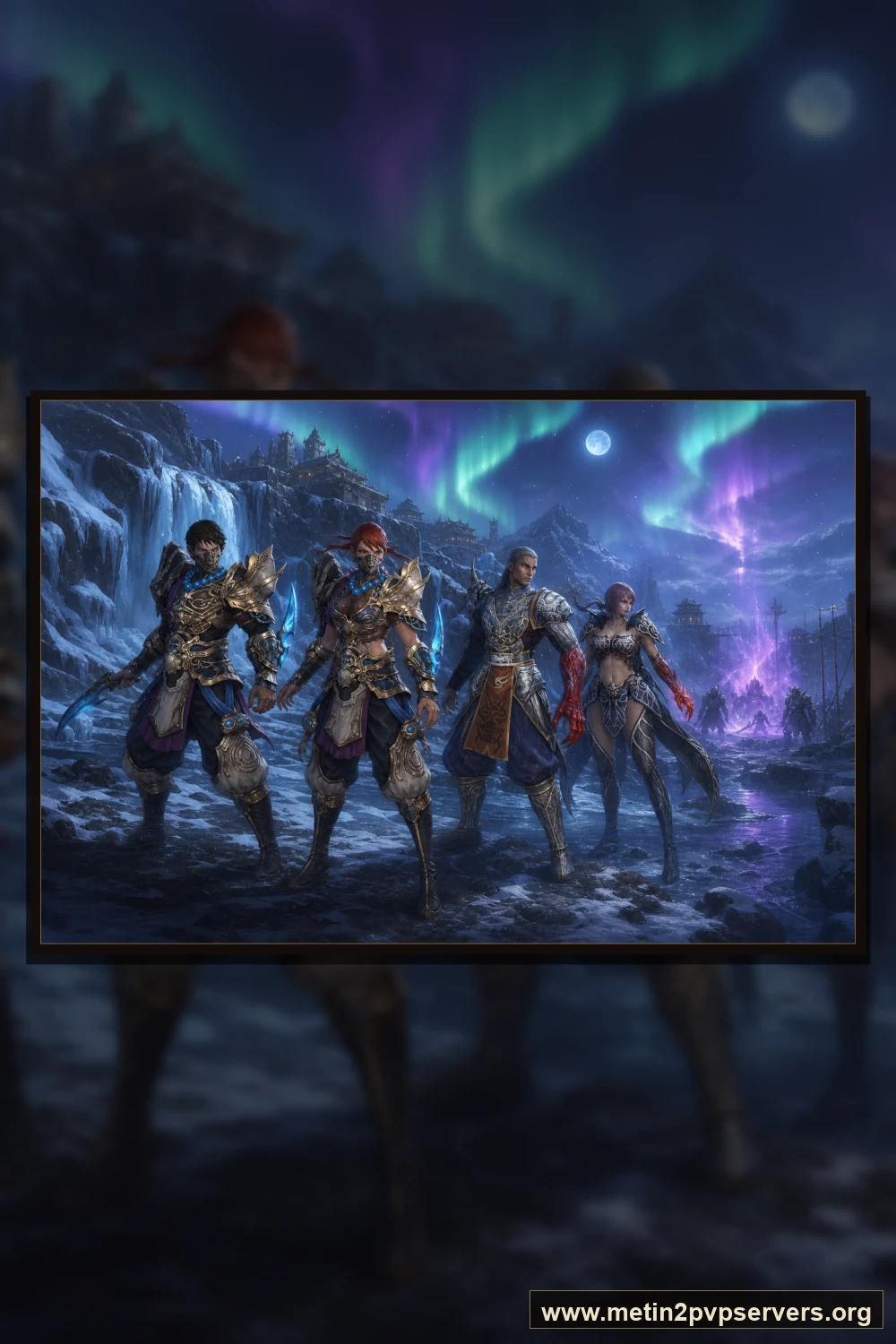 Aurora şelalesinde ninja ve sura Metin2 akıncıları için sinematik Metin2 wallpaper dikey telefon duvar kağıdı