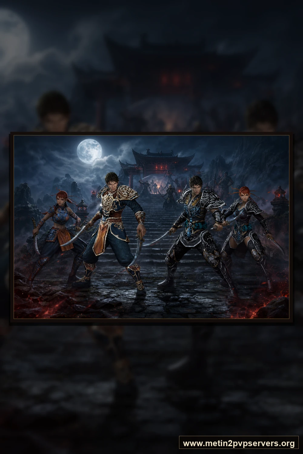 Dolunaylı tapınakta farklı zırhlı Metin2 ninja ekibi için sinematik Metin2 wallpaper dikey telefon duvar kağıdı