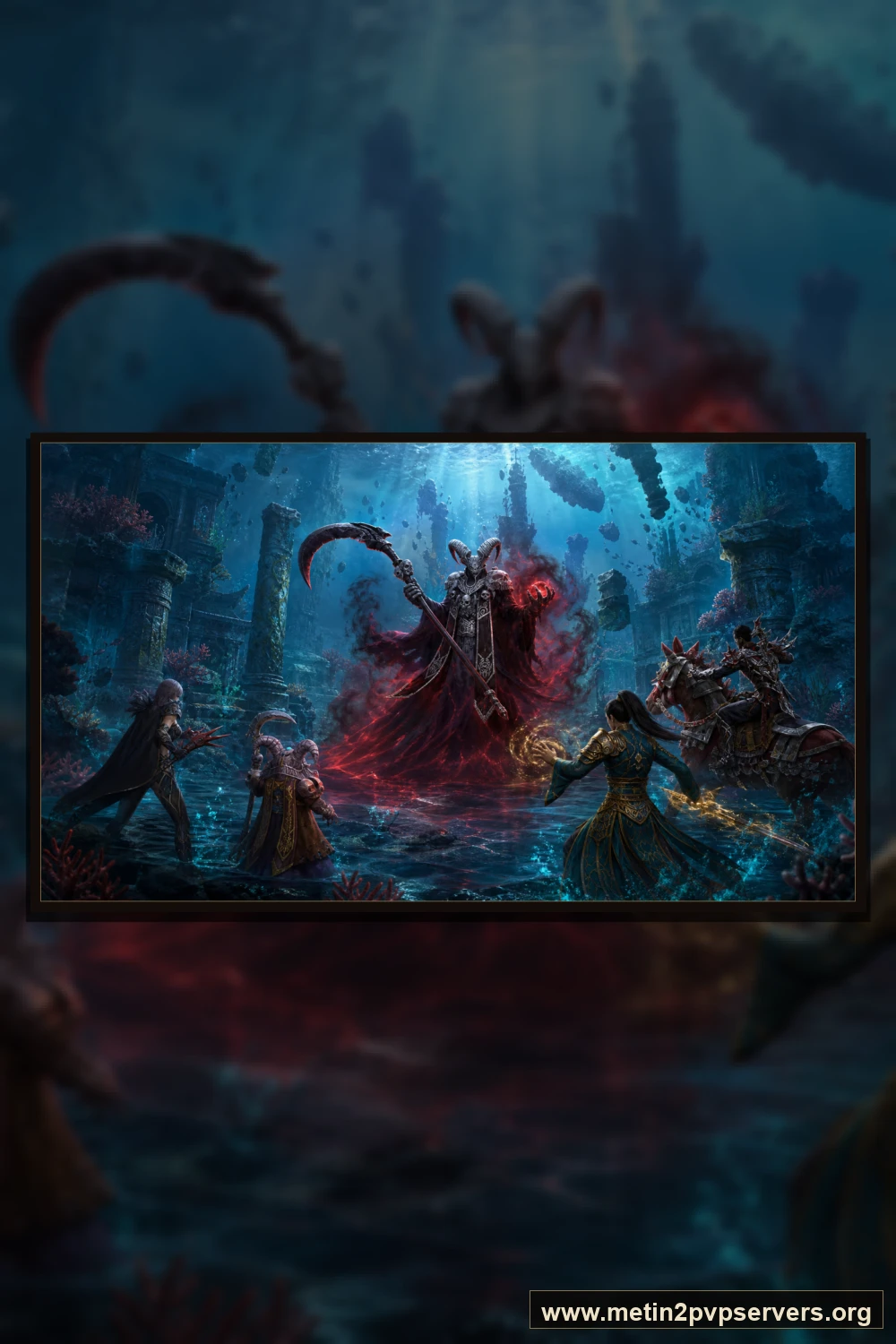 Turkuaz ışıklı batık tapınakta dev tırpanlı boynuzlu Azrail boss için sinematik Metin2 wallpaper dikey telefon duvar kağıdı