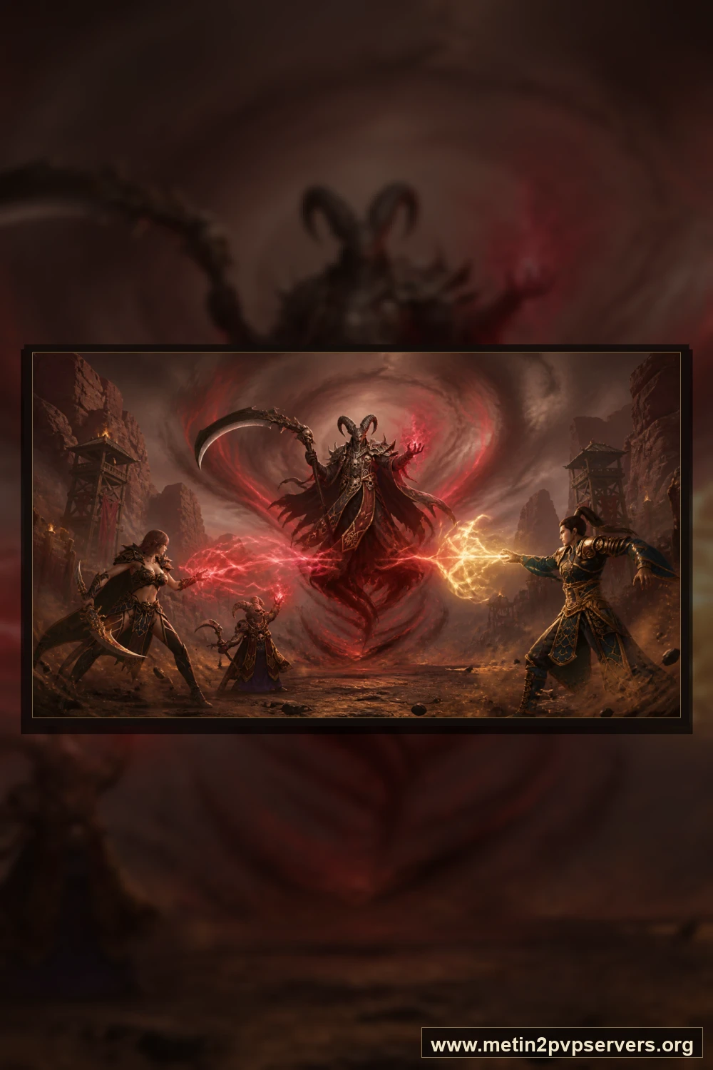 Toz girdaplı kızıl kanyonda dev tırpanlı boynuzlu Azrail boss için sinematik Metin2 wallpaper dikey telefon duvar kağıdı
