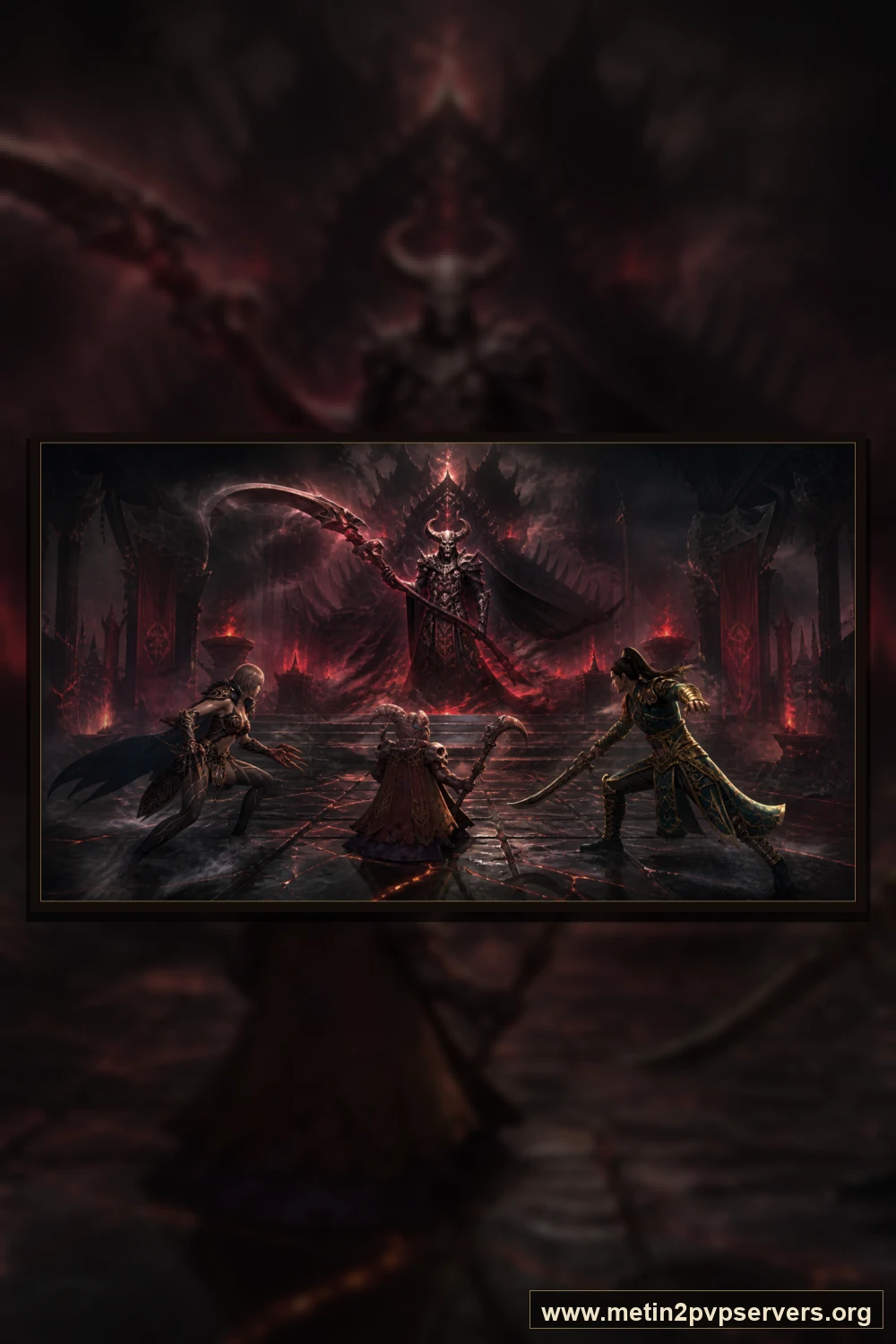Kızıl meşaleli obsidyen taht salonunda dev tırpanlı boynuzlu Azrail boss için sinematik Metin2 wallpaper dikey telefon duvar kağıdı