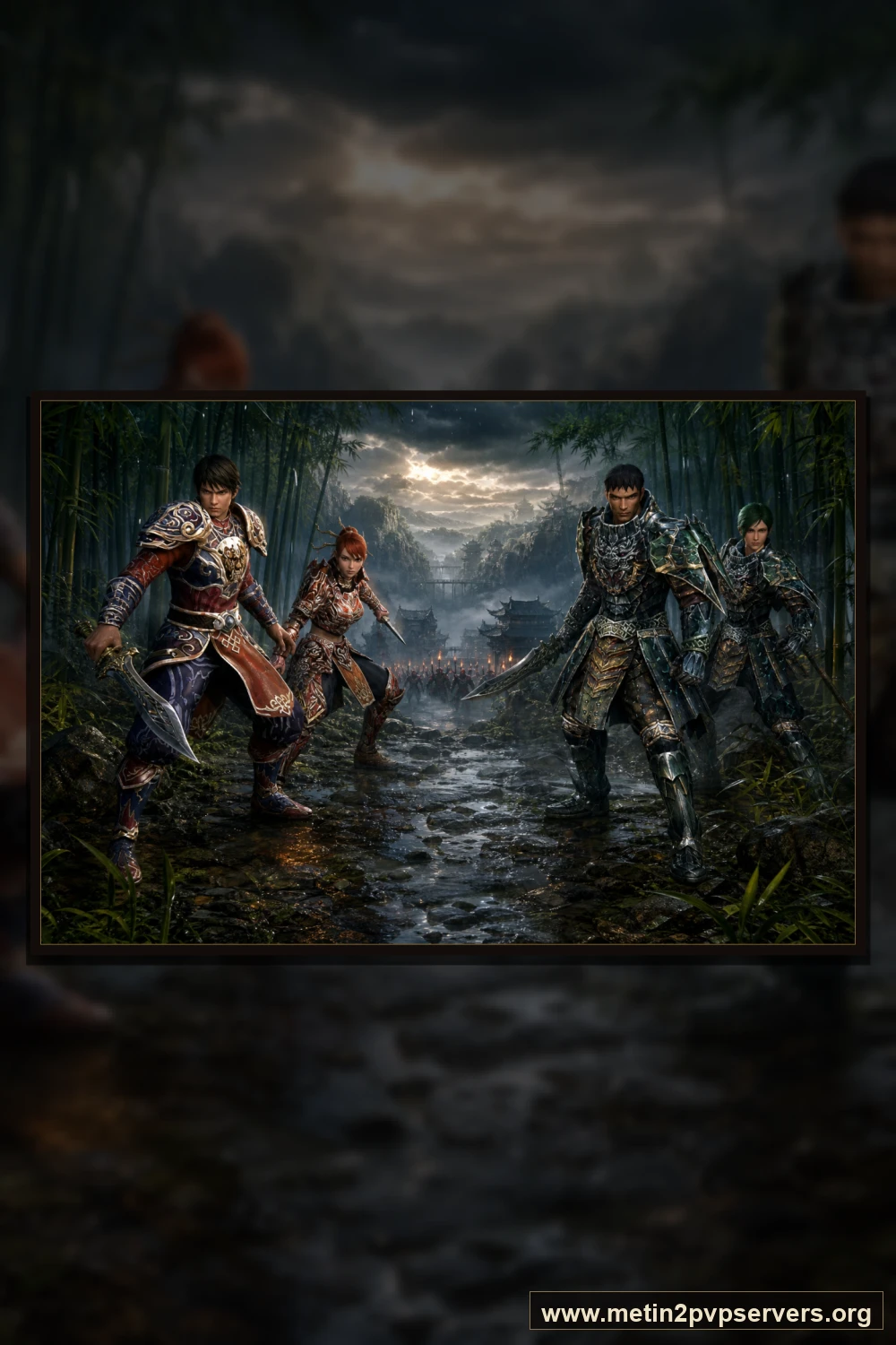 Bambu vadisinde ninja ve Hwang zırhlı Metin2 muhafızları için sinematik Metin2 wallpaper dikey telefon duvar kağıdı