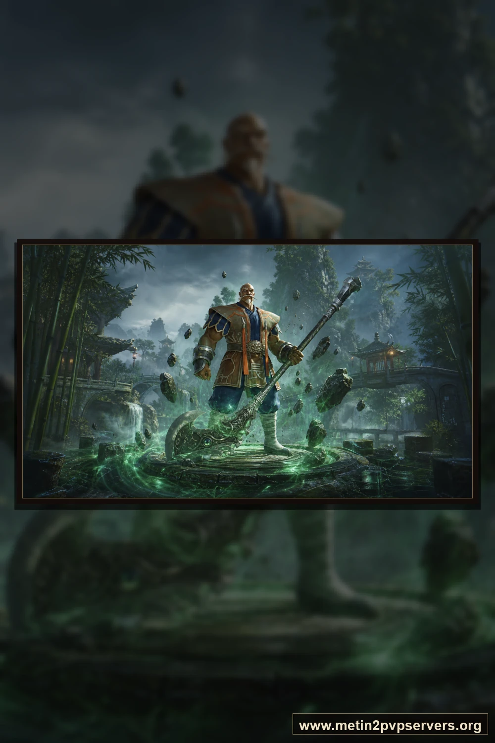 Yağmur sonrası sisli bambu vadisinde ağır zırhlı Bestial Kaptan boss karakteri için sinematik Metin2 wallpaper dikey telefon duvar kağıdı