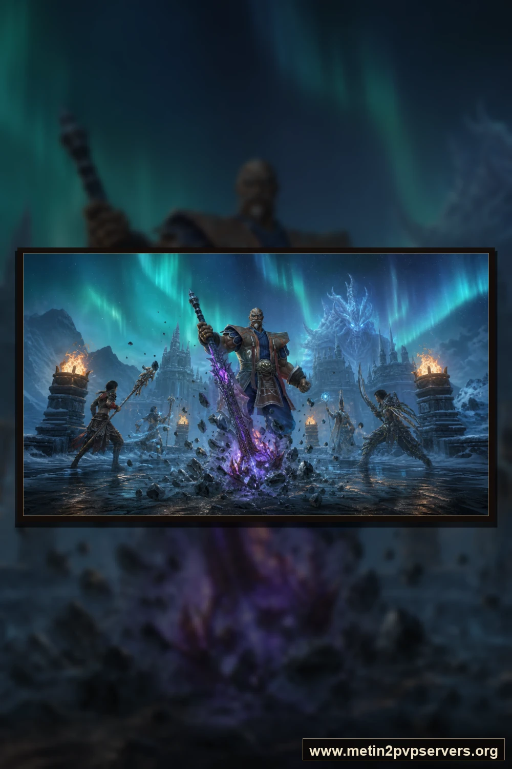 Kuzey ışıklı donmuş kale köprüsünde ağır zırhlı Bestial Kaptan boss karakteri için sinematik Metin2 wallpaper dikey telefon duvar kağıdı