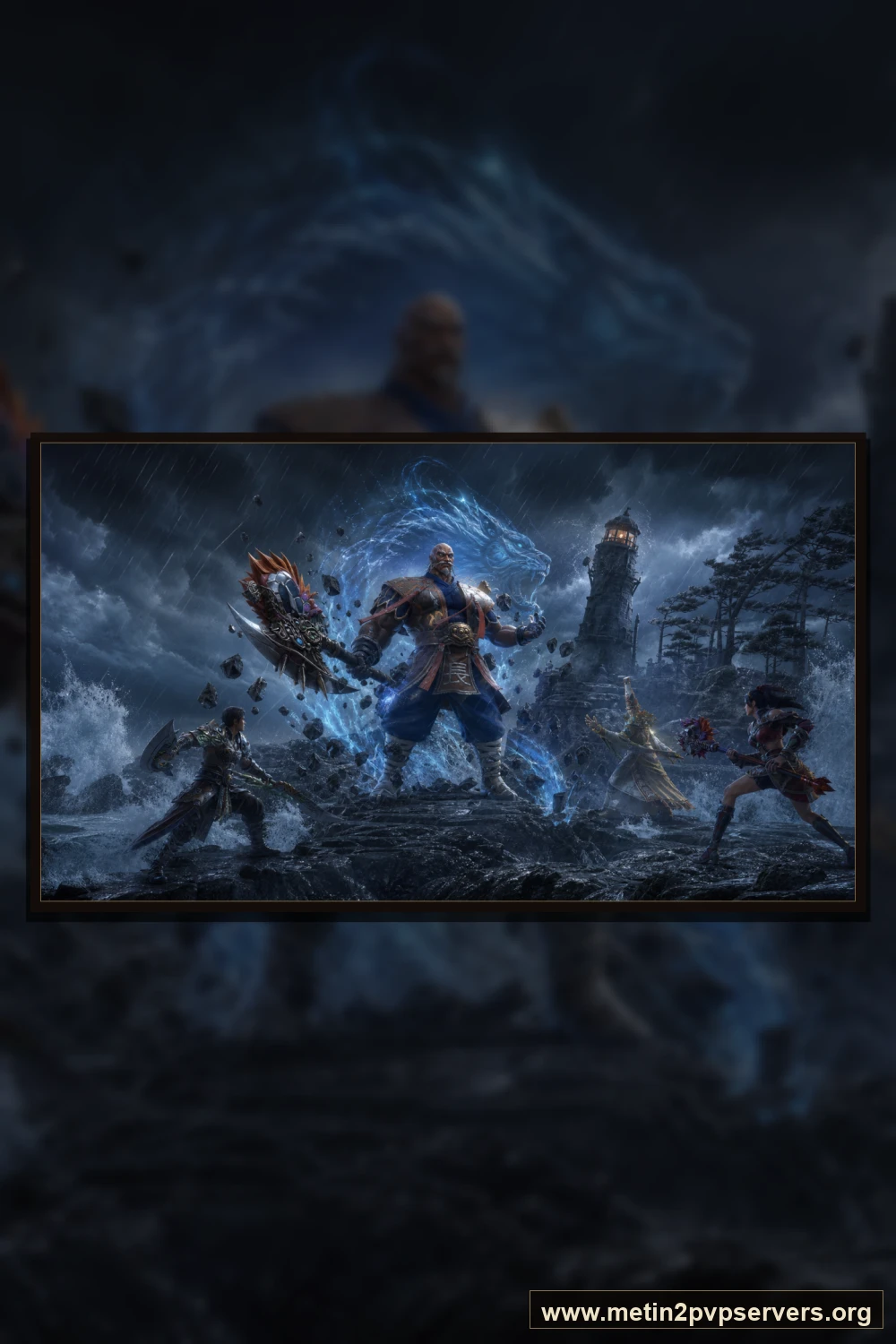 Dev dalgalı fırtınalı kayalık sahilde ağır zırhlı Bestial Kaptan boss karakteri için sinematik Metin2 wallpaper dikey telefon duvar kağıdı