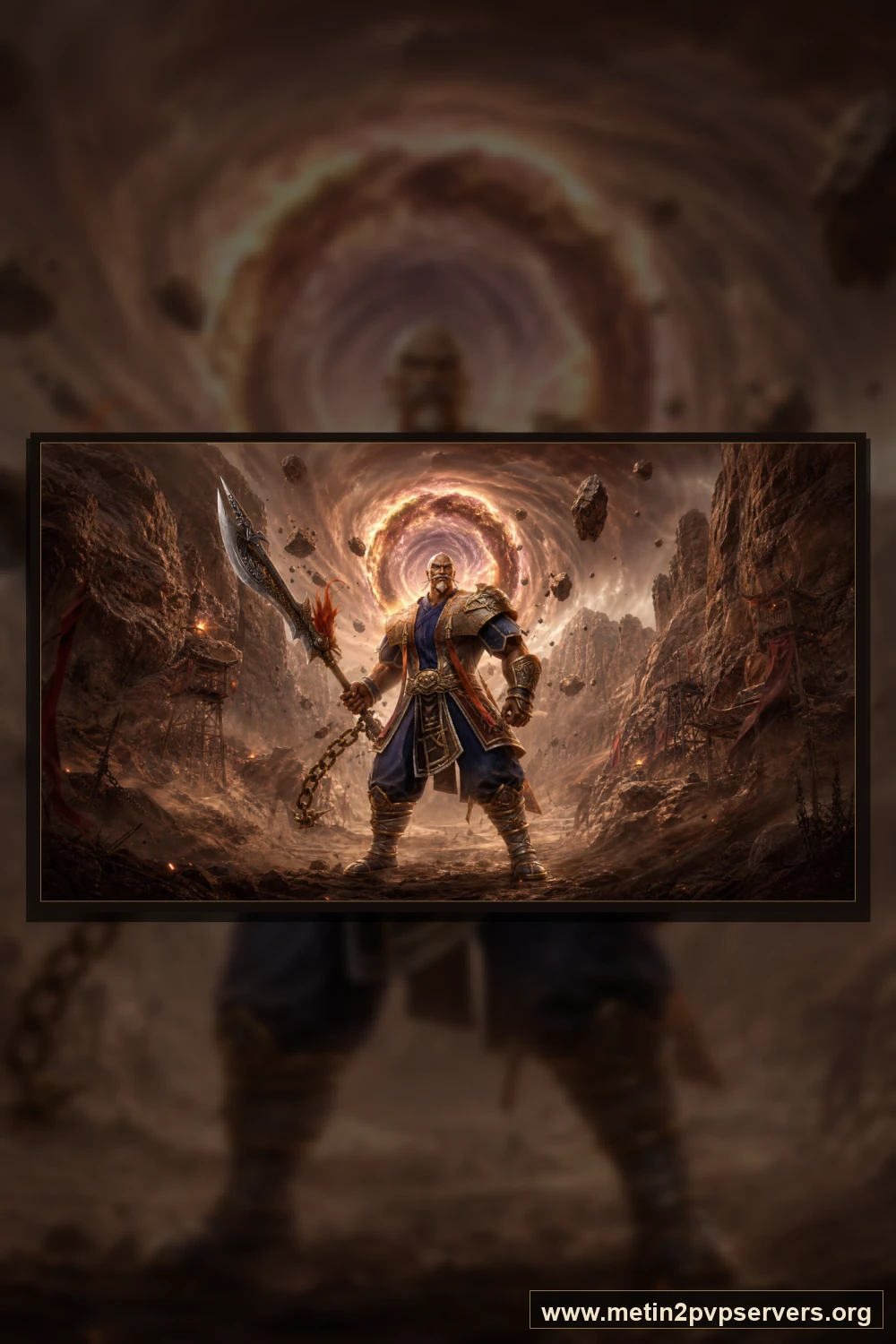 Toz girdaplı kızıl kanyonda ağır zırhlı Bestial Kaptan boss karakteri için sinematik Metin2 wallpaper dikey telefon duvar kağıdı