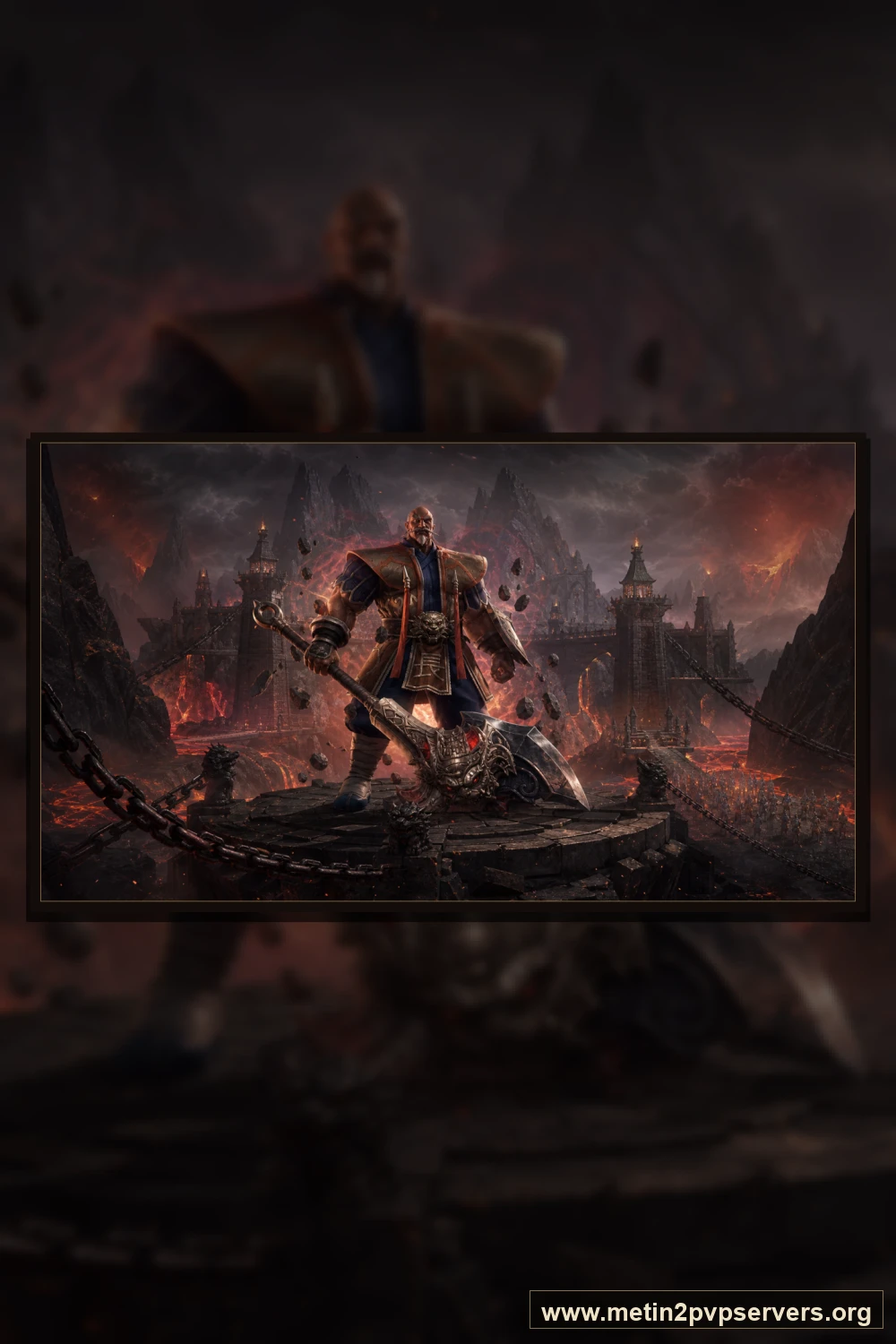 Lavlarla çevrili volkan kalesinde ağır zırhlı Bestial Kaptan boss karakteri için sinematik Metin2 wallpaper dikey telefon duvar kağıdı