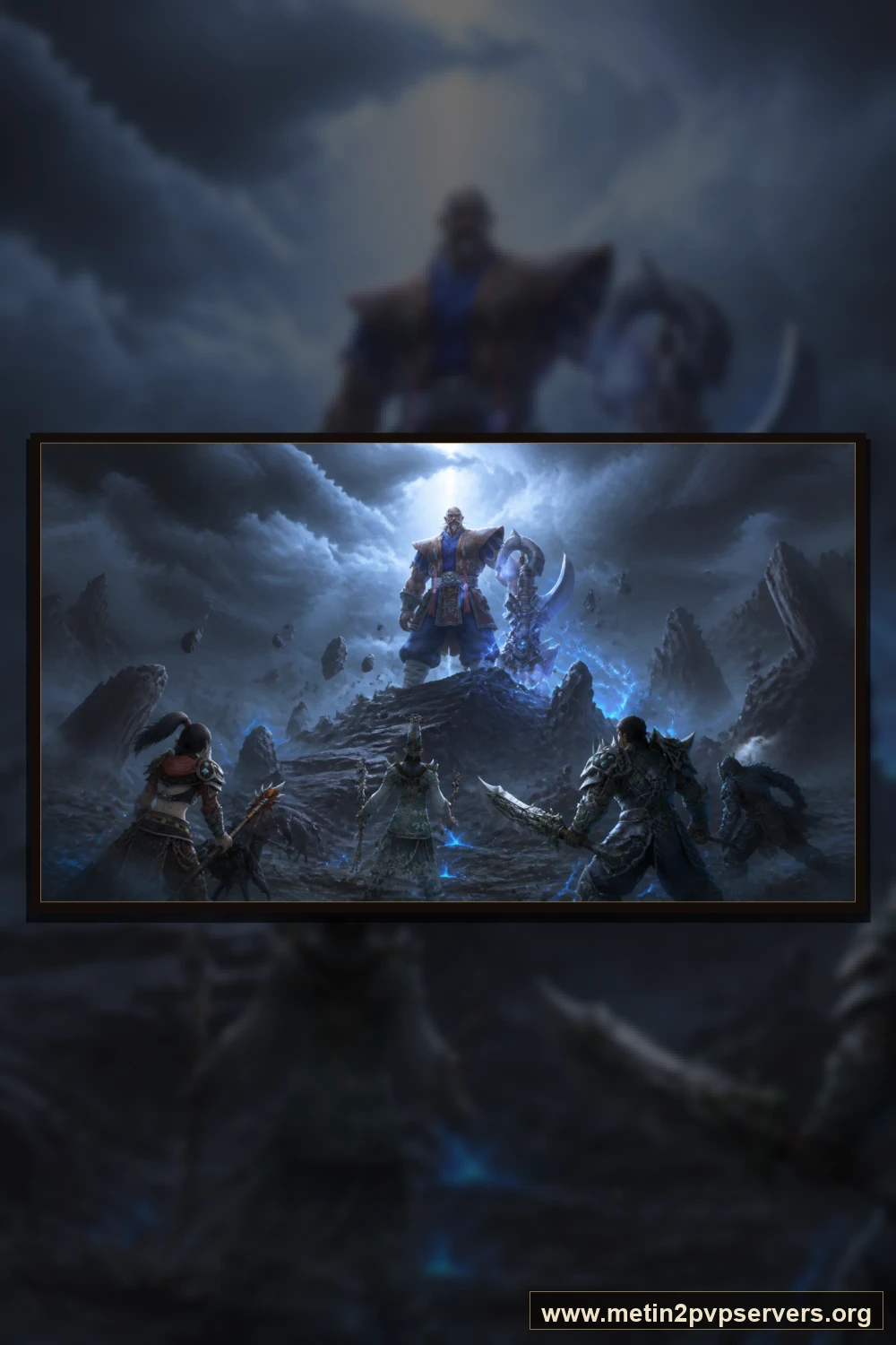 Yıldırımlı sivri dağ zirvesinde ağır zırhlı Bestial Kaptan boss karakteri için sinematik Metin2 wallpaper dikey telefon duvar kağıdı
