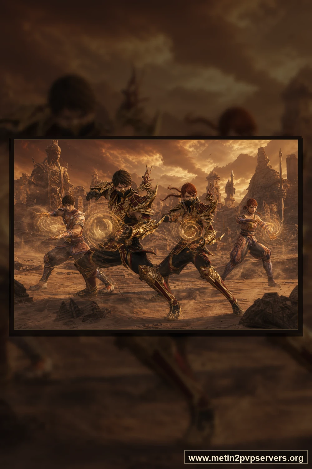 Çöl tapınağında farklı zırhlı Metin2 ninja ekibi için sinematik Metin2 wallpaper dikey telefon duvar kağıdı