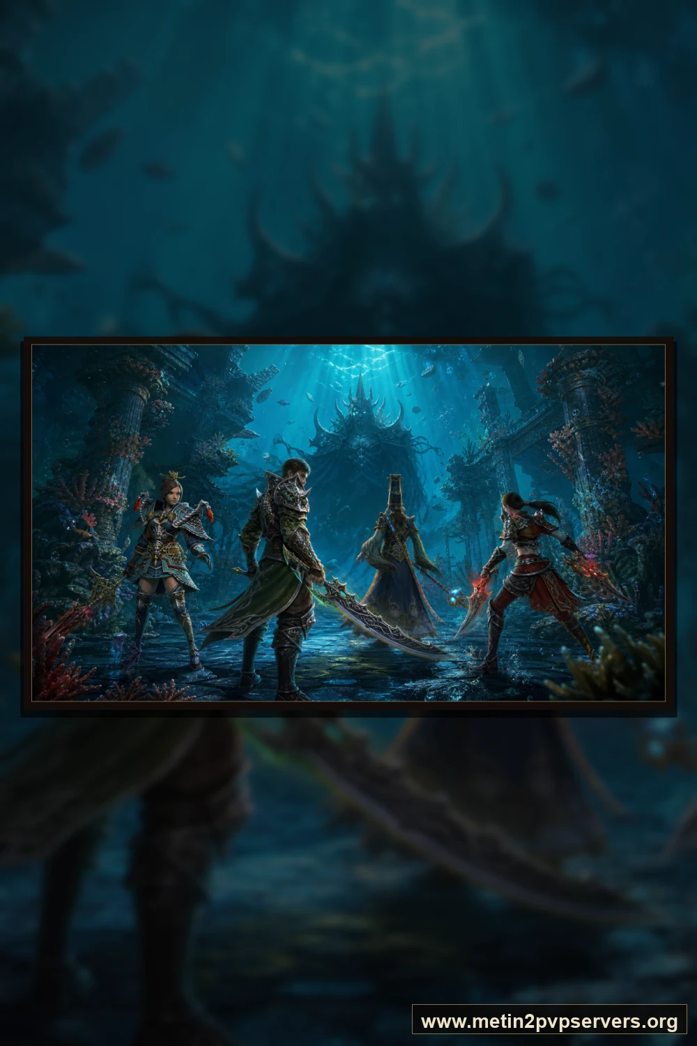Turkuaz ışıklı batık tapınakta savaşçı ninja sura ve şamandan oluşan dört kahraman için sinematik Metin2 wallpaper dikey telefon duvar kağıdı