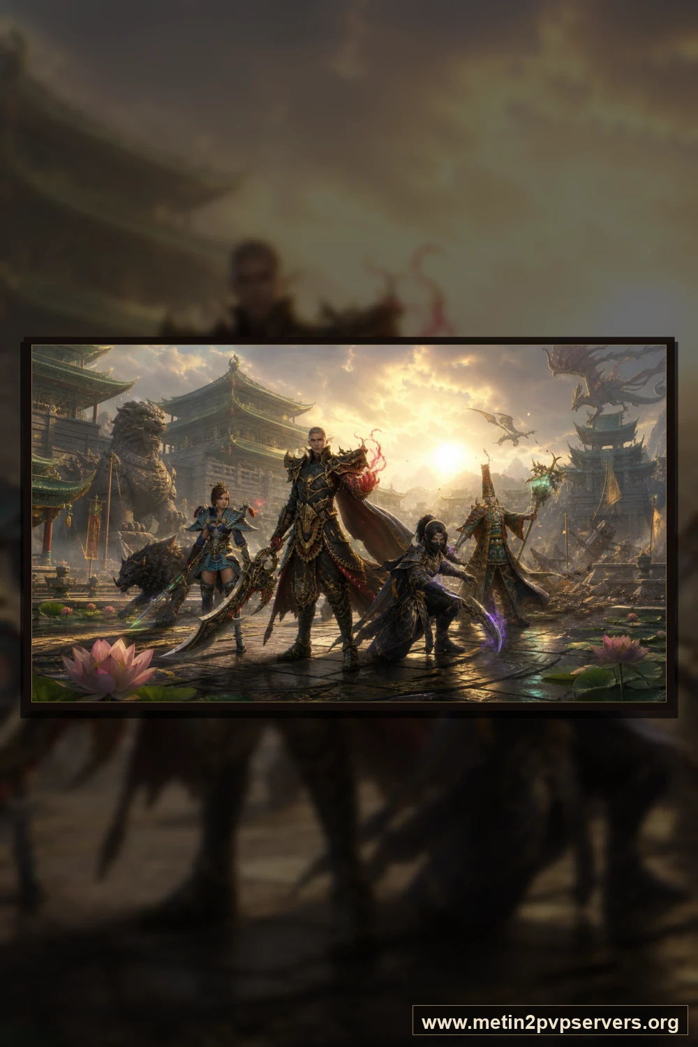 Gün doğumundaki yeşim sarayı avlusunda savaşçı ninja sura ve şamandan oluşan dört kahraman için sinematik Metin2 wallpaper dikey telefon duvar kağıdı