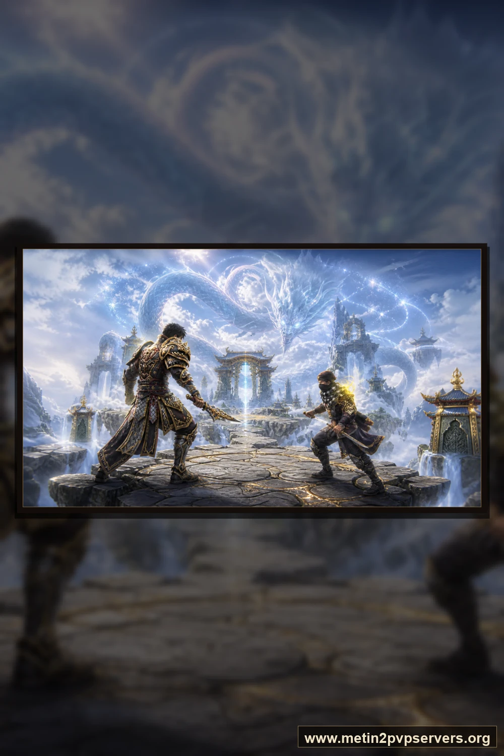 Bulutların üzerindeki göksel adada ruh ejderinin altında iki zırhlı savaşçı için sinematik Metin2 wallpaper dikey telefon duvar kağıdı