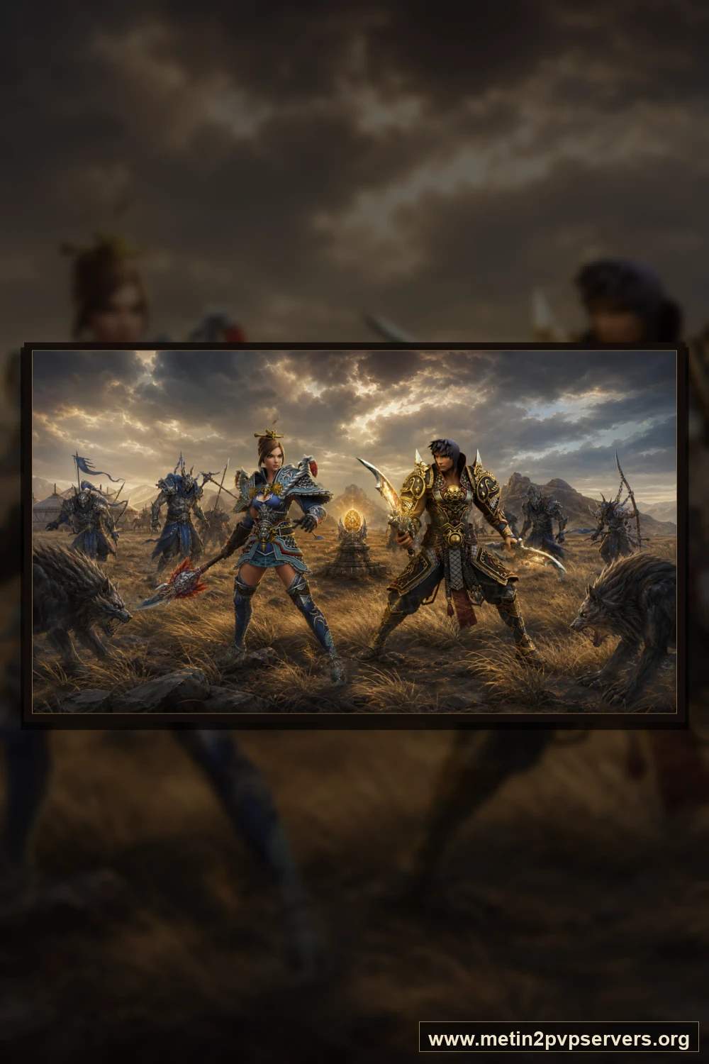 Altın otlu geniş bozkırda farklı zırhlara sahip kadın ve erkek ninja muhafızları için sinematik Metin2 wallpaper dikey telefon duvar kağıdı