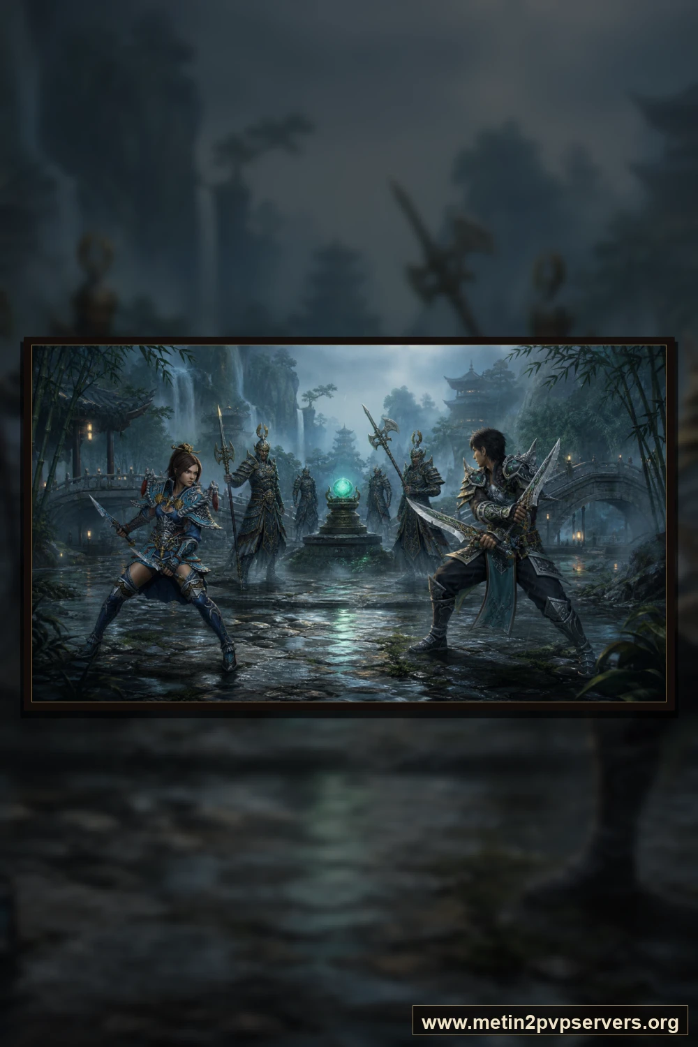 Yağmur sonrası sisli bambu vadisinde farklı zırhlara sahip kadın ve erkek ninja muhafızları için sinematik Metin2 wallpaper dikey telefon duvar kağıdı