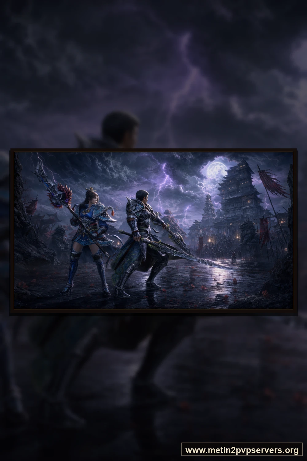 Şimşekli gece pagodasının avlusunda farklı zırhlara sahip kadın ve erkek ninja muhafızları için sinematik Metin2 wallpaper dikey telefon duvar kağıdı