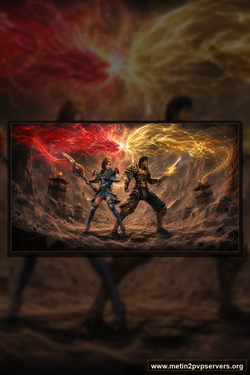 Toz girdaplı kızıl kanyonda farklı zırhlara sahip kadın ve erkek ninja muhafızları için sinematik Metin2 wallpaper dikey telefon duvar kağıdı