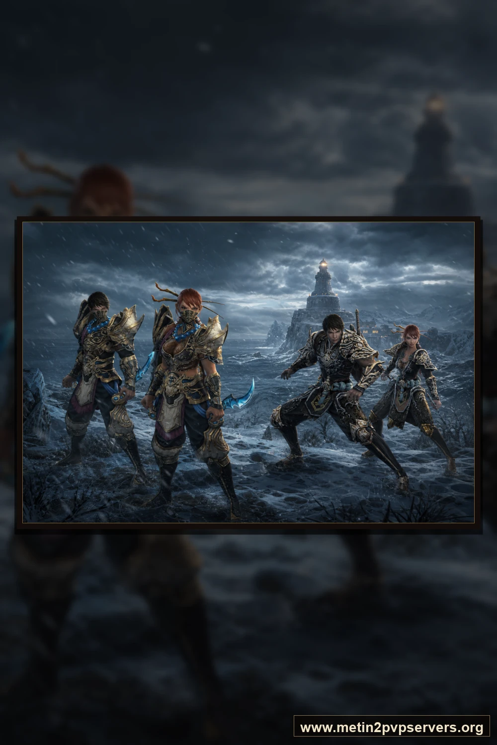 Karlı koyda farklı zırhlı Metin2 ninja ekibi için sinematik Metin2 wallpaper dikey telefon duvar kağıdı
