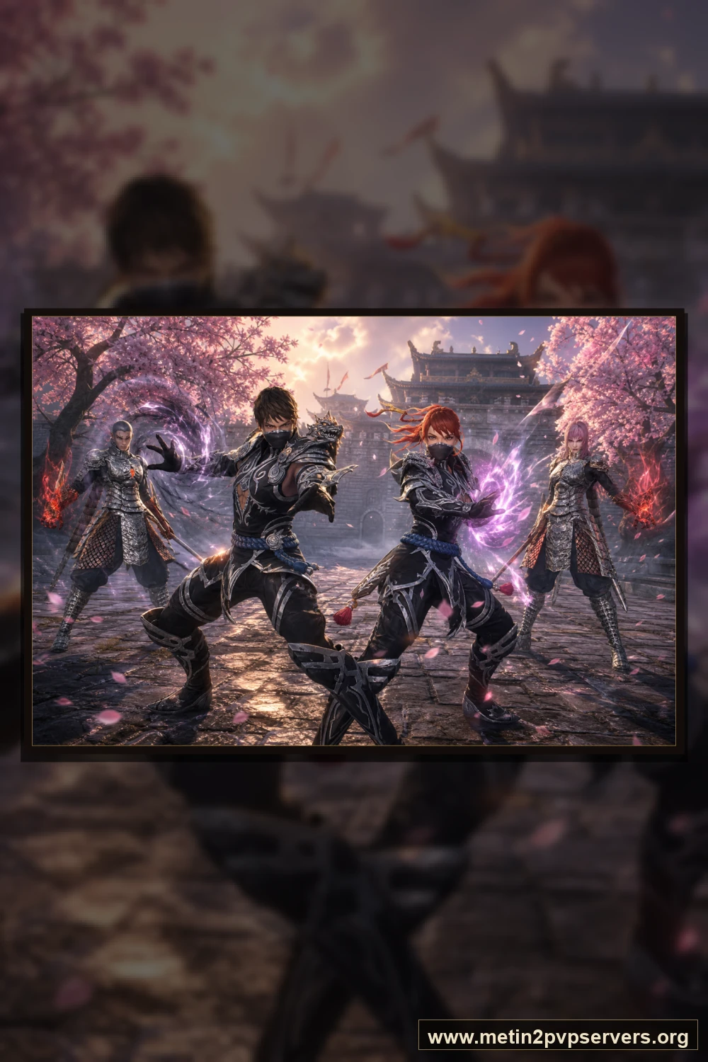 Kiraz çiçekli kale avlusunda ninja ve sura Metin2 akıncıları için sinematik Metin2 wallpaper dikey telefon duvar kağıdı