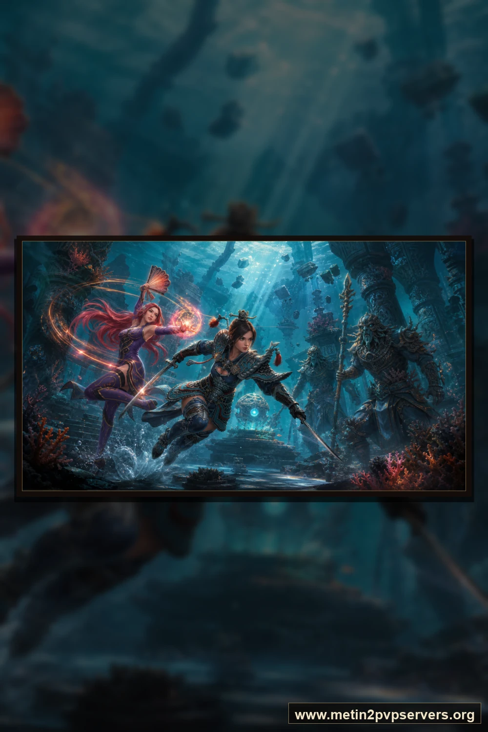 Turkuaz ışıklı batık tapınakta kızıl saçlı büyücü ve çevik kadın ninja için sinematik Metin2 wallpaper dikey telefon duvar kağıdı