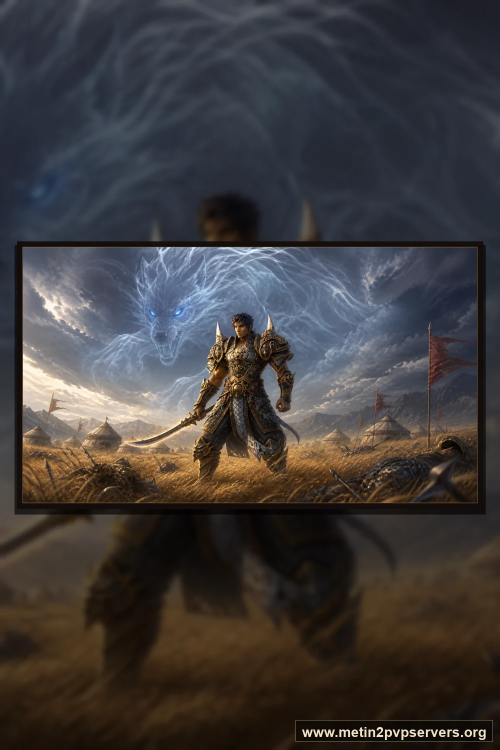 Altın otlu geniş bozkırda dev ruh kurdunun altında kurt zırhlı savaşçı için sinematik Metin2 wallpaper dikey telefon duvar kağıdı