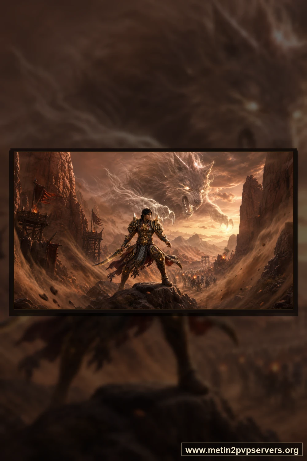 Toz girdaplı kızıl kanyonda dev ruh kurdunun altında kurt zırhlı savaşçı için sinematik Metin2 wallpaper dikey telefon duvar kağıdı