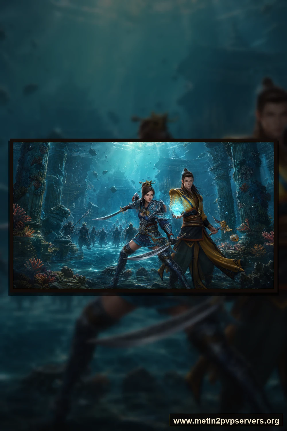 Turkuaz ışıklı batık tapınakta zırhlı kadın ninja ve büyü yapan erkek şaman için sinematik Metin2 wallpaper dikey telefon duvar kağıdı