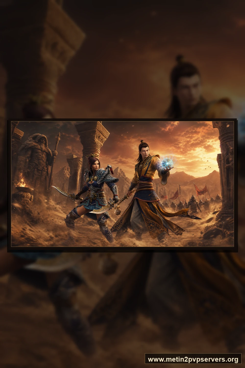 Kum fırtınalı kadim çöl tapınağında zırhlı kadın ninja ve büyü yapan erkek şaman için sinematik Metin2 wallpaper dikey telefon duvar kağıdı