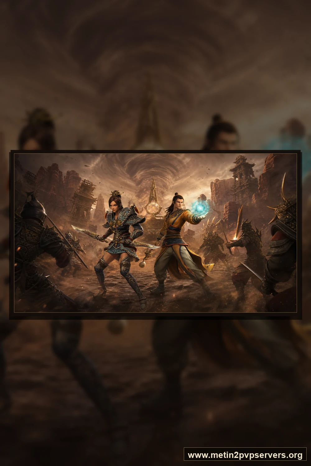 Toz girdaplı kızıl kanyonda zırhlı kadın ninja ve büyü yapan erkek şaman için sinematik Metin2 wallpaper dikey telefon duvar kağıdı