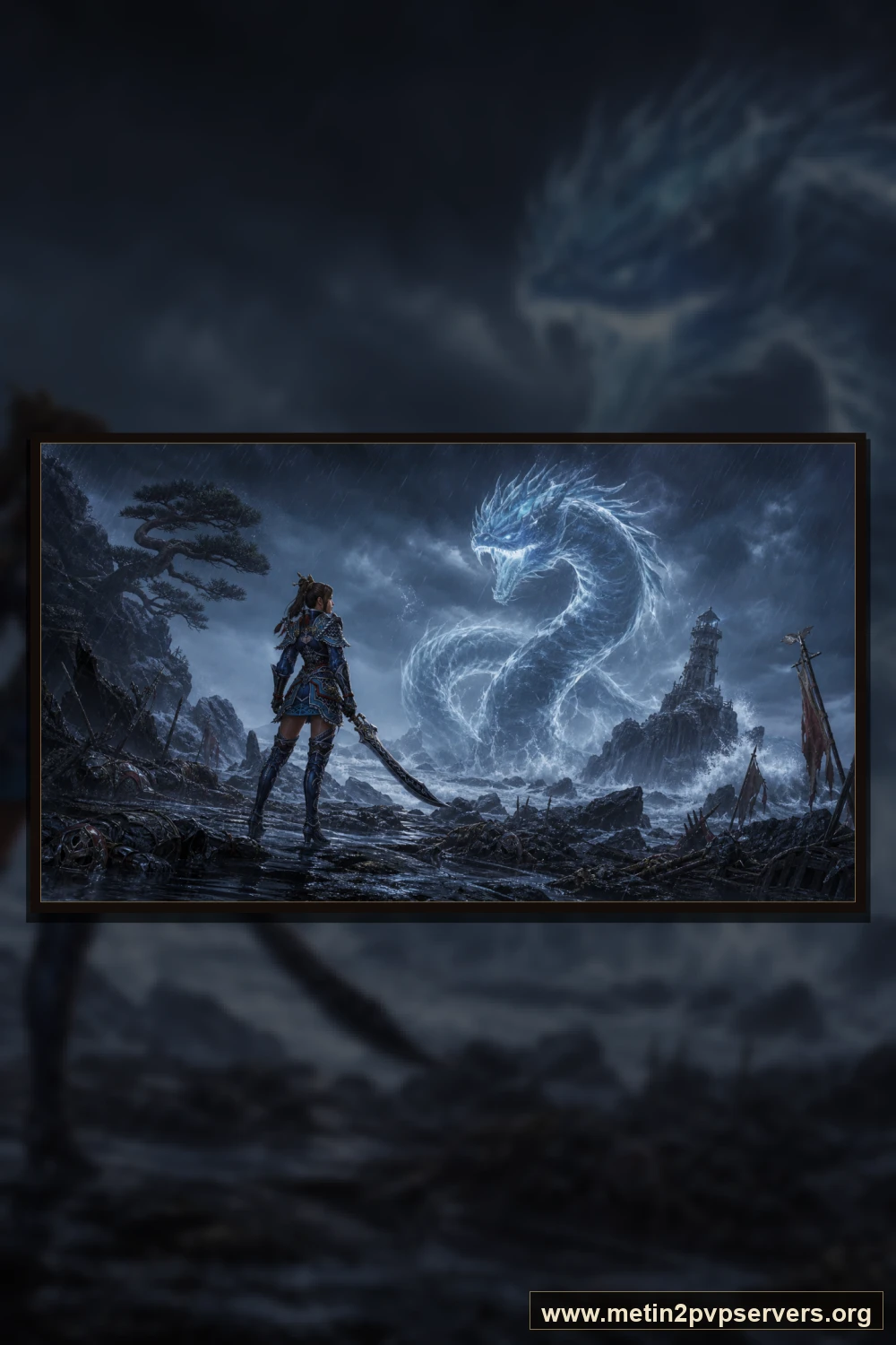 Dev dalgalı fırtınalı kayalık sahilde kadın ninja ve sis içindeki dev yılan ruhu için sinematik Metin2 wallpaper dikey telefon duvar kağıdı