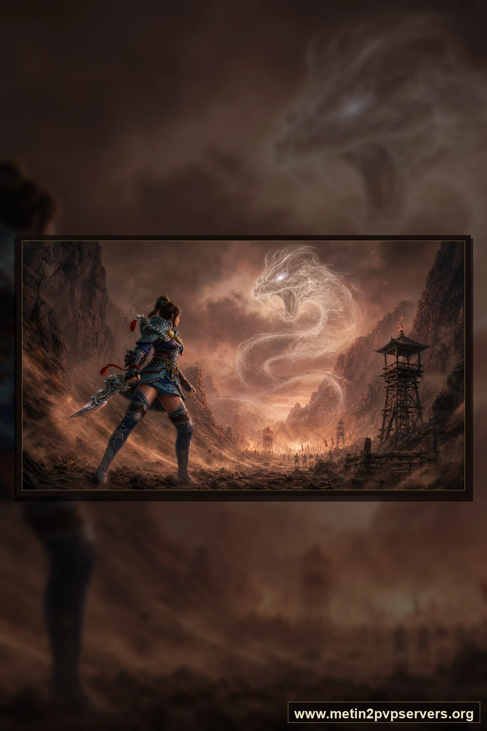 Toz girdaplı kızıl kanyonda kadın ninja ve sis içindeki dev yılan ruhu için sinematik Metin2 wallpaper dikey telefon duvar kağıdı