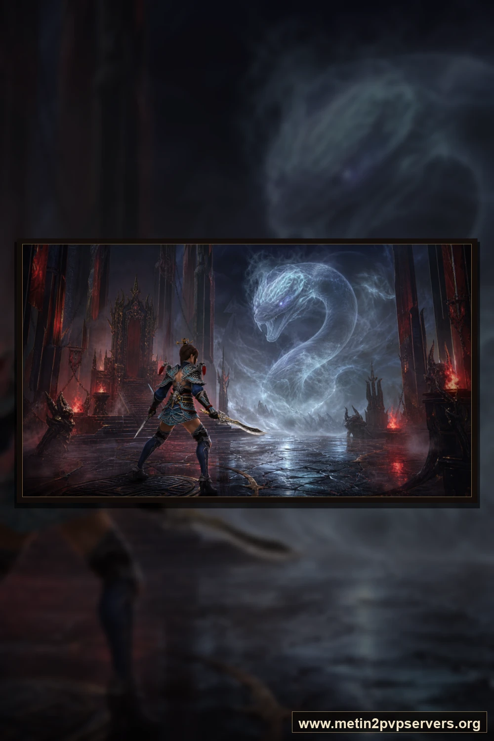 Kızıl meşaleli obsidyen taht salonunda kadın ninja ve sis içindeki dev yılan ruhu için sinematik Metin2 wallpaper dikey telefon duvar kağıdı
