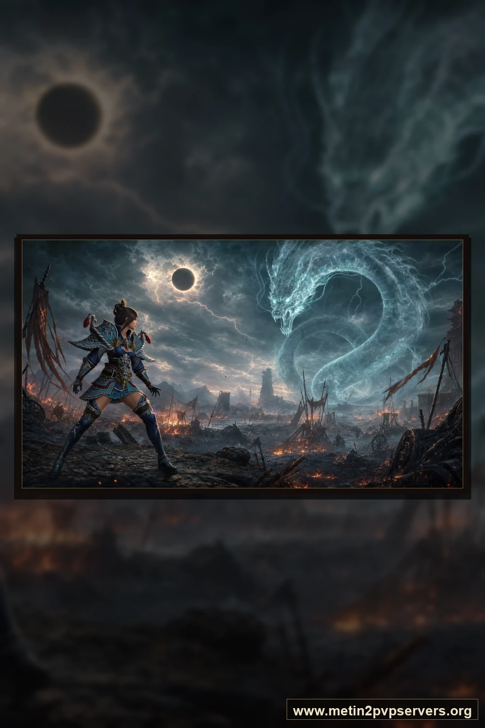 Güneş tutulmalı savaş meydanında kadın ninja ve sis içindeki dev yılan ruhu için sinematik Metin2 wallpaper dikey telefon duvar kağıdı