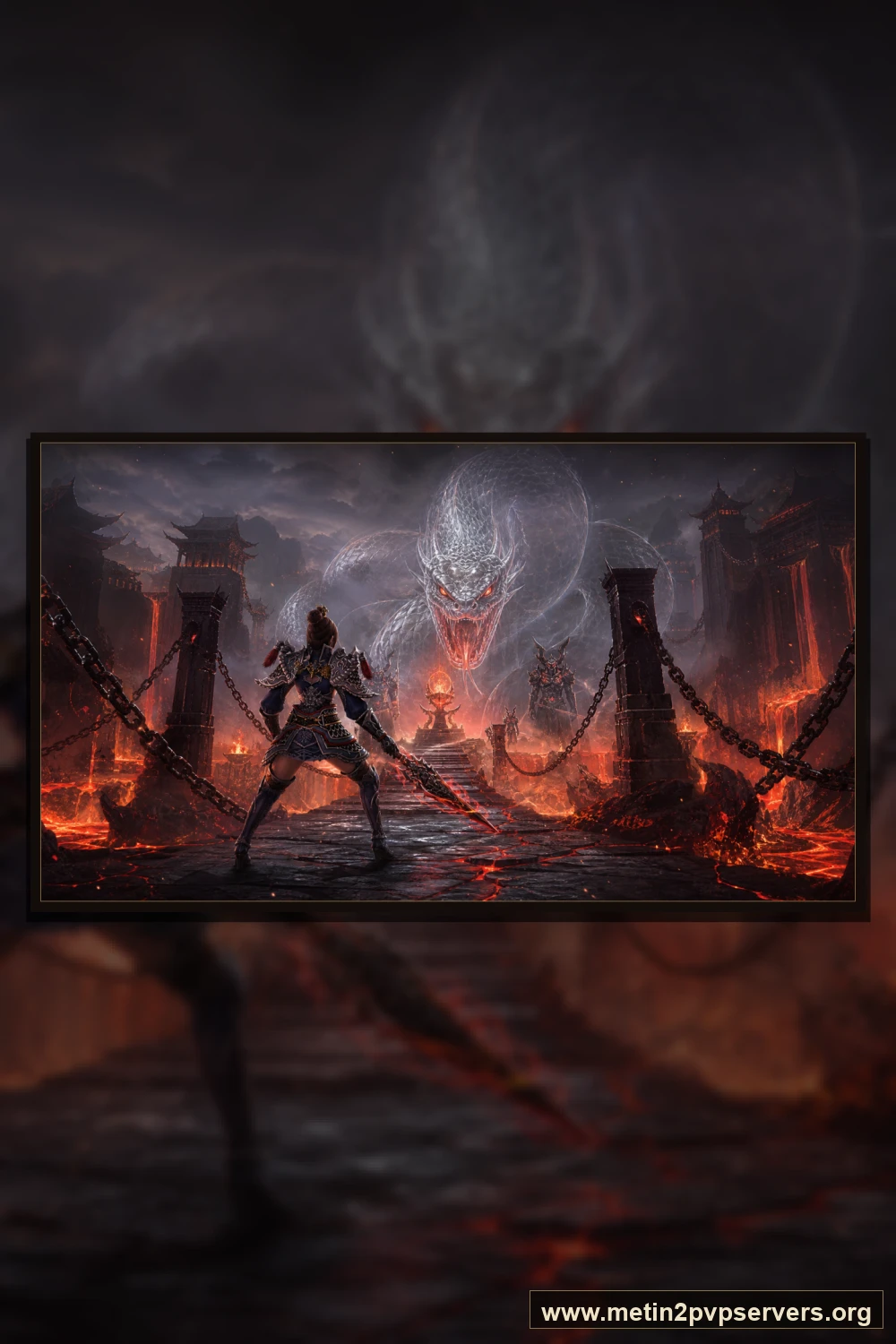 Lavlarla çevrili volkan kalesinde kadın ninja ve sis içindeki dev yılan ruhu için sinematik Metin2 wallpaper dikey telefon duvar kağıdı