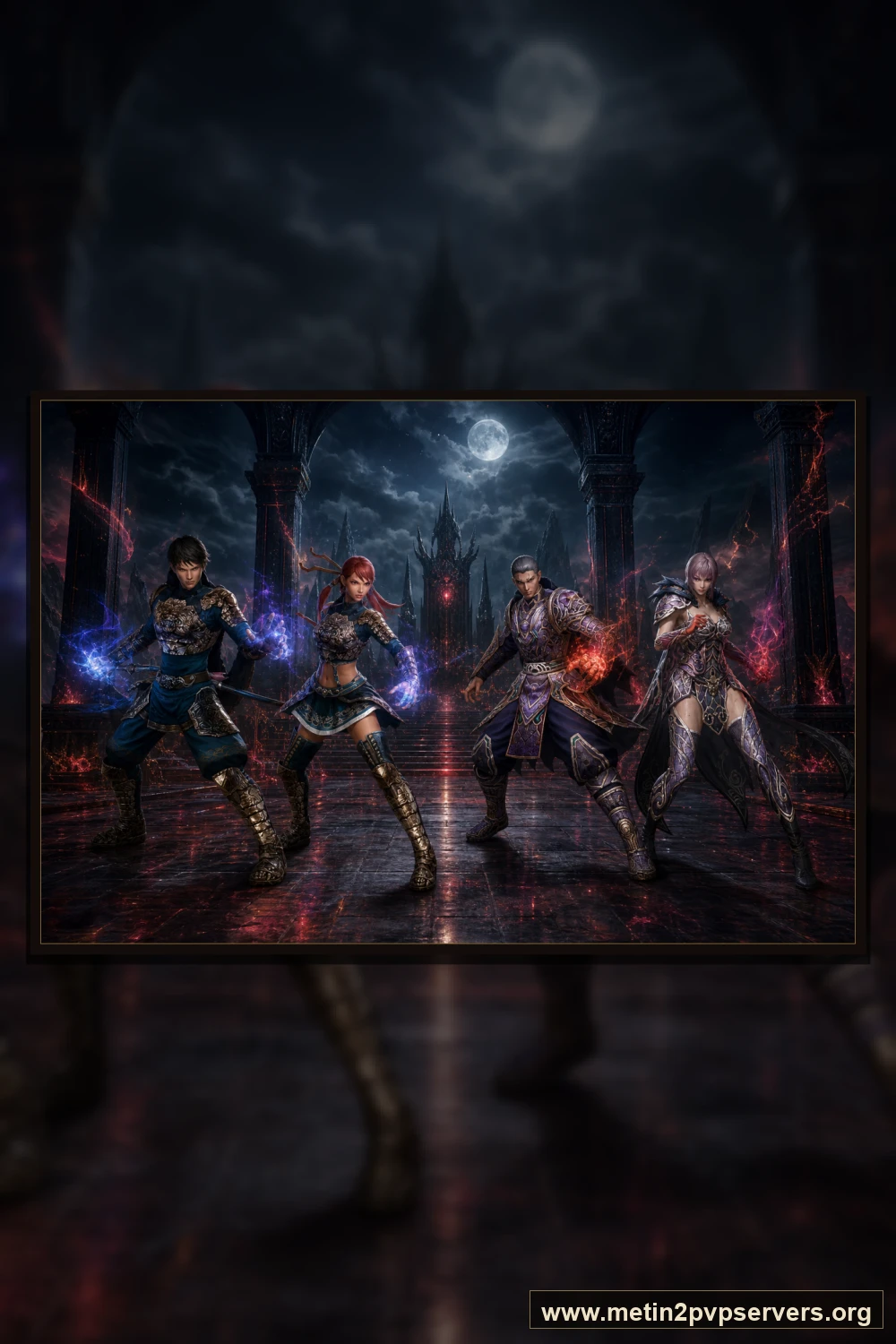 Obsidyen taht salonunda ay ışığında ninja ve sura Metin2 nöbetçileri için sinematik Metin2 wallpaper dikey telefon duvar kağıdı