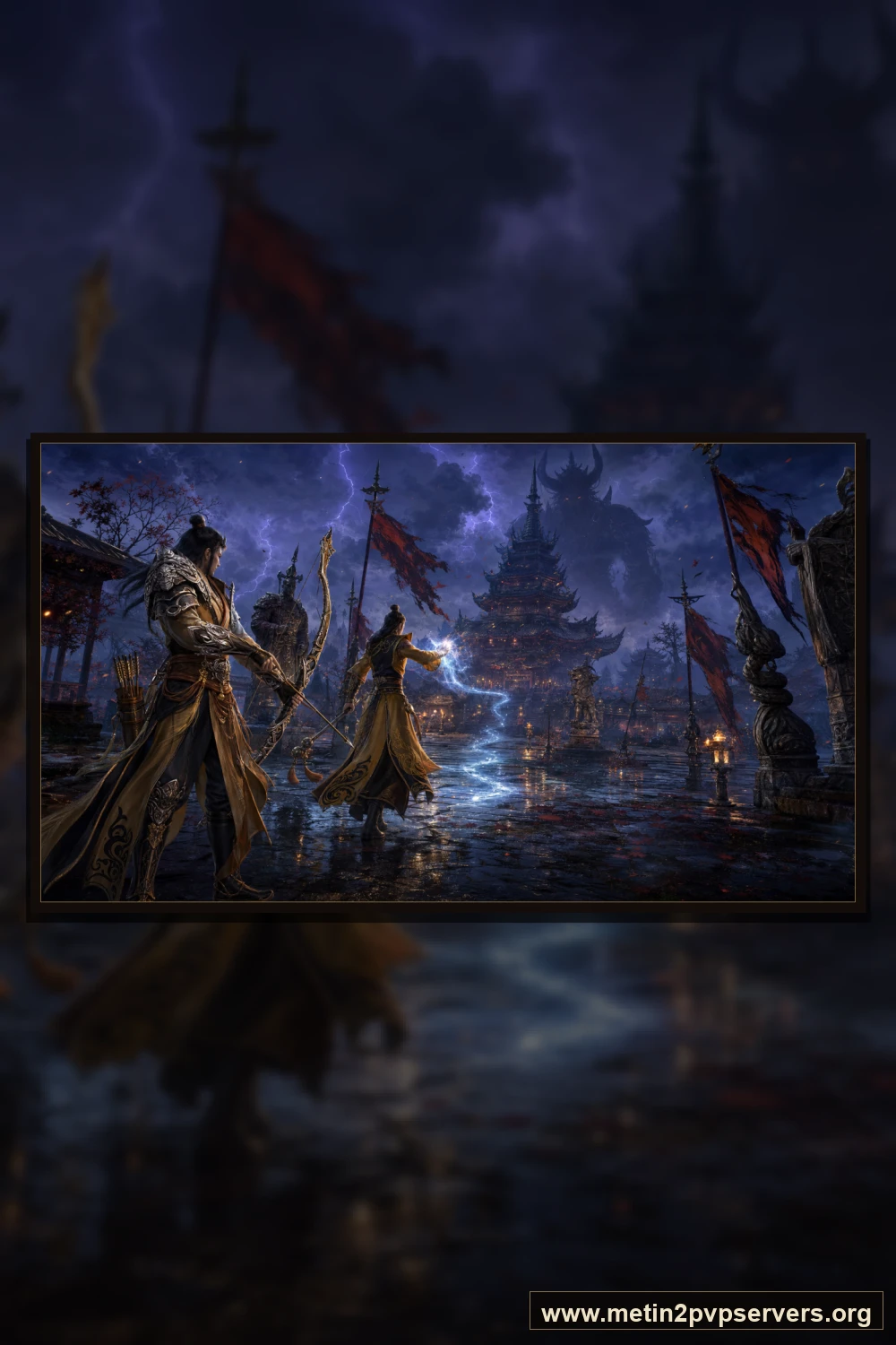 Şimşekli gece pagodasının avlusunda uzun yaylı okçu ve yolu aydınlatan şaman için sinematik Metin2 wallpaper dikey telefon duvar kağıdı