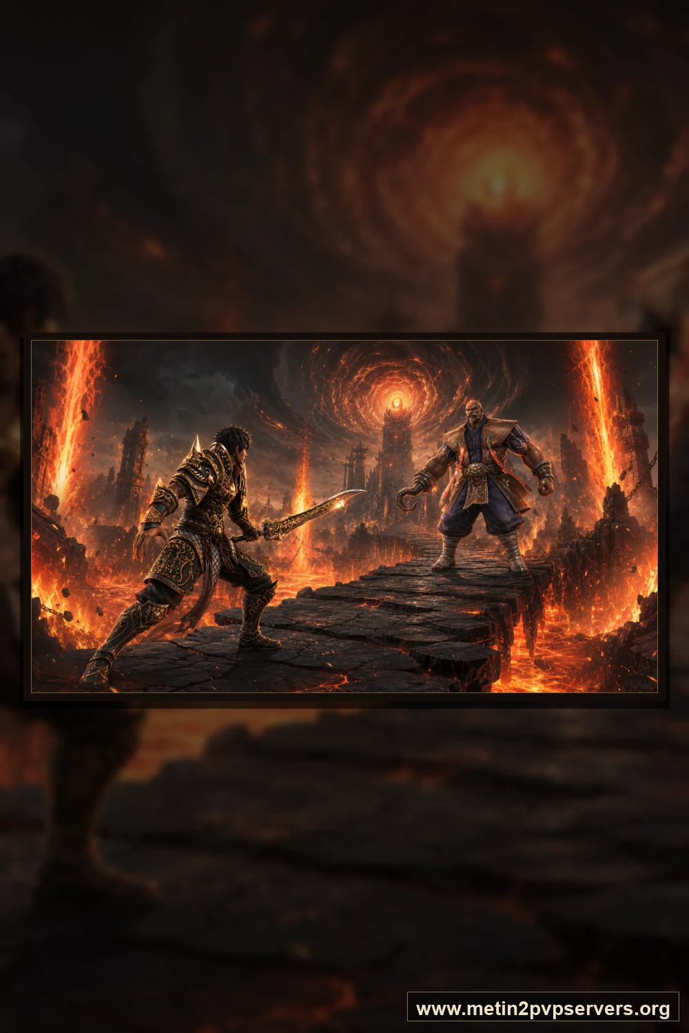 Lav denizi üzerindeki siyah taş köprüde uzun kılıçlı savaşçı ile Bestial Kaptan düellosu için sinematik Metin2 wallpaper dikey telefon duvar kağıdı