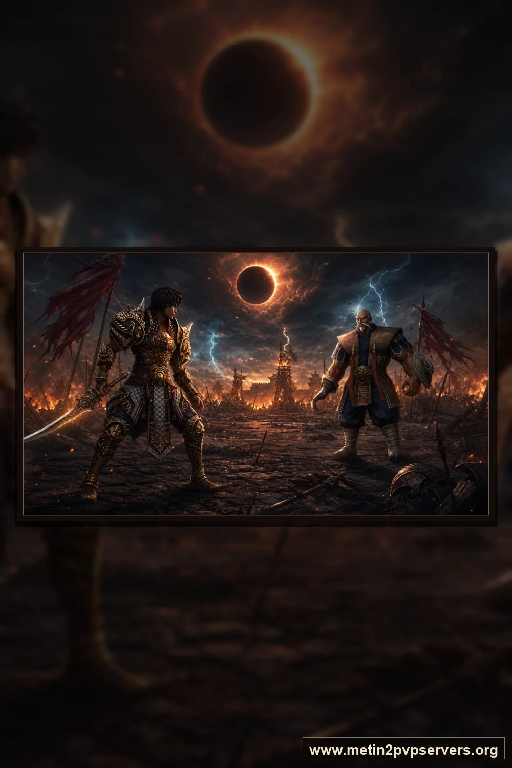 Güneş tutulmalı savaş meydanında uzun kılıçlı savaşçı ile Bestial Kaptan düellosu için sinematik Metin2 wallpaper dikey telefon duvar kağıdı