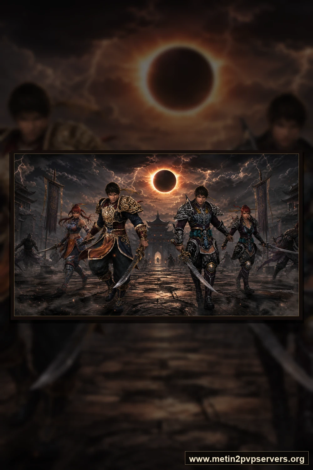 Tutulma meydanında farklı zırhlı Metin2 ninja ekibi için sinematik Metin2 wallpaper dikey telefon duvar kağıdı