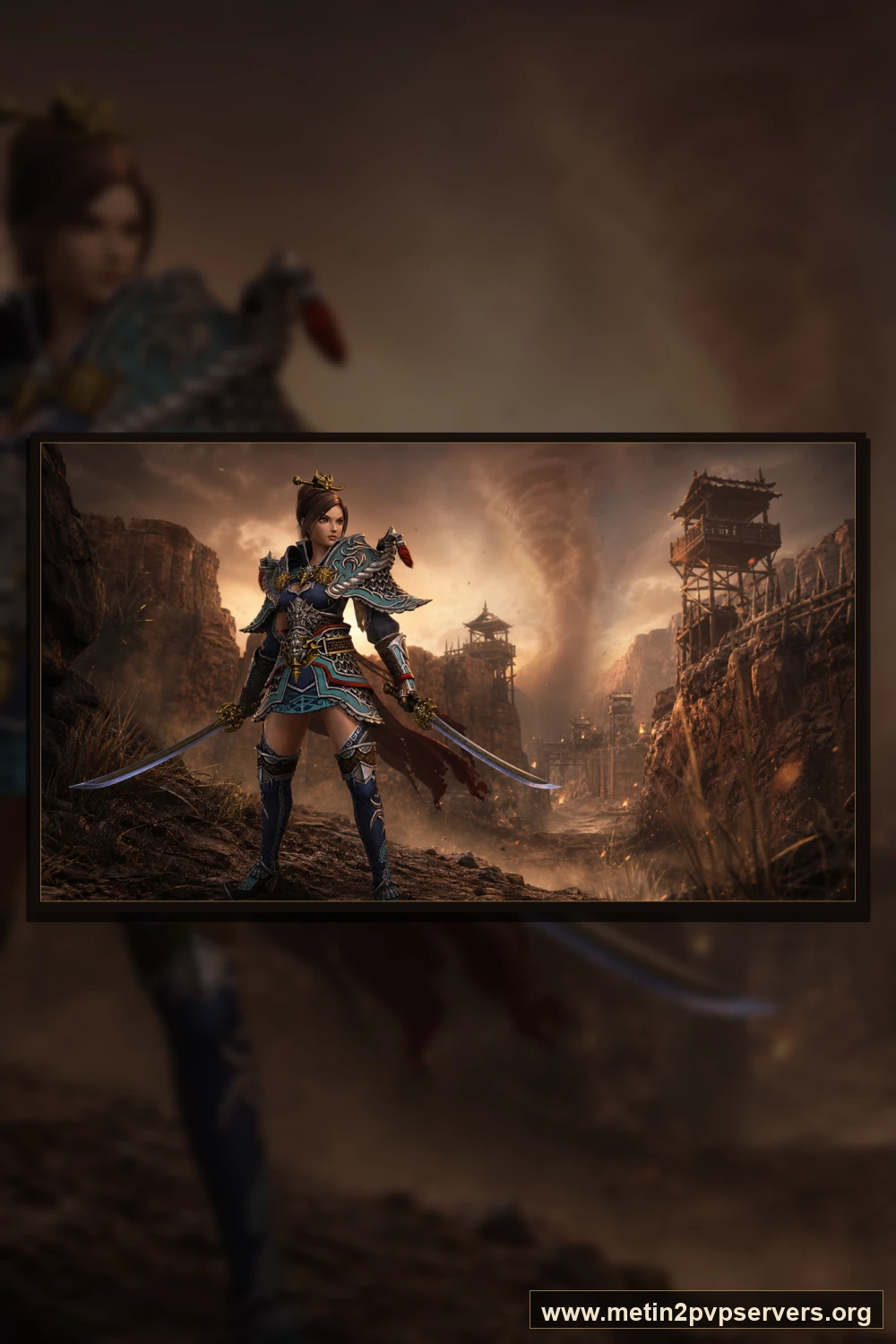 Toz girdaplı kızıl kanyonda çift kılıçlı samuray zırhlı kadın ninja için sinematik Metin2 wallpaper dikey telefon duvar kağıdı