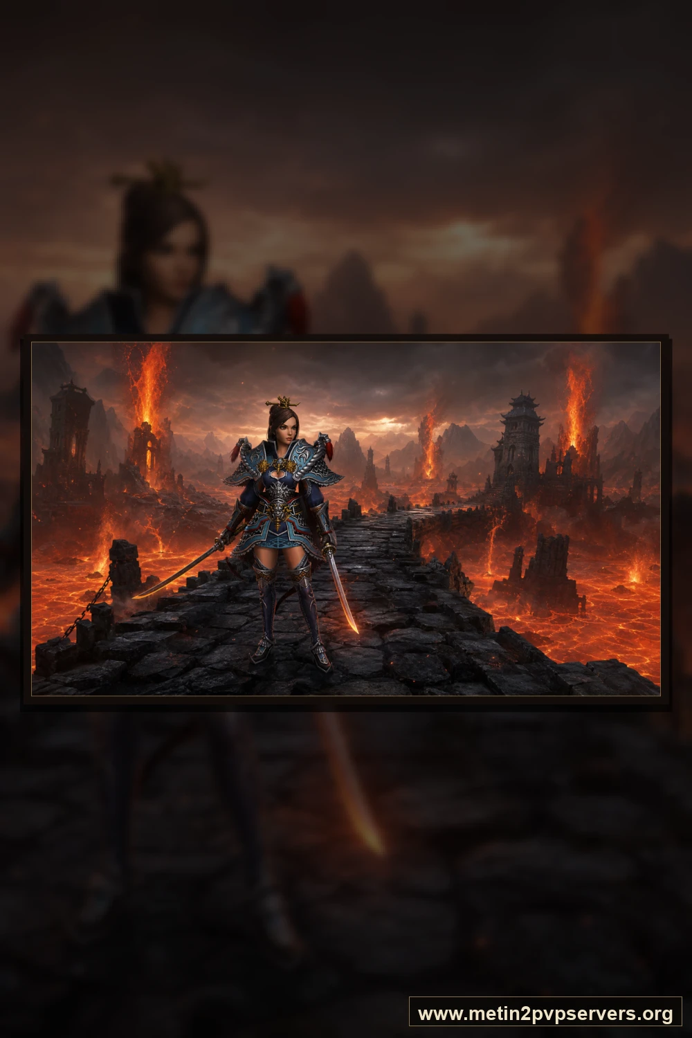 Lav denizi üzerindeki siyah taş köprüde çift kılıçlı samuray zırhlı kadın ninja için sinematik Metin2 wallpaper dikey telefon duvar kağıdı