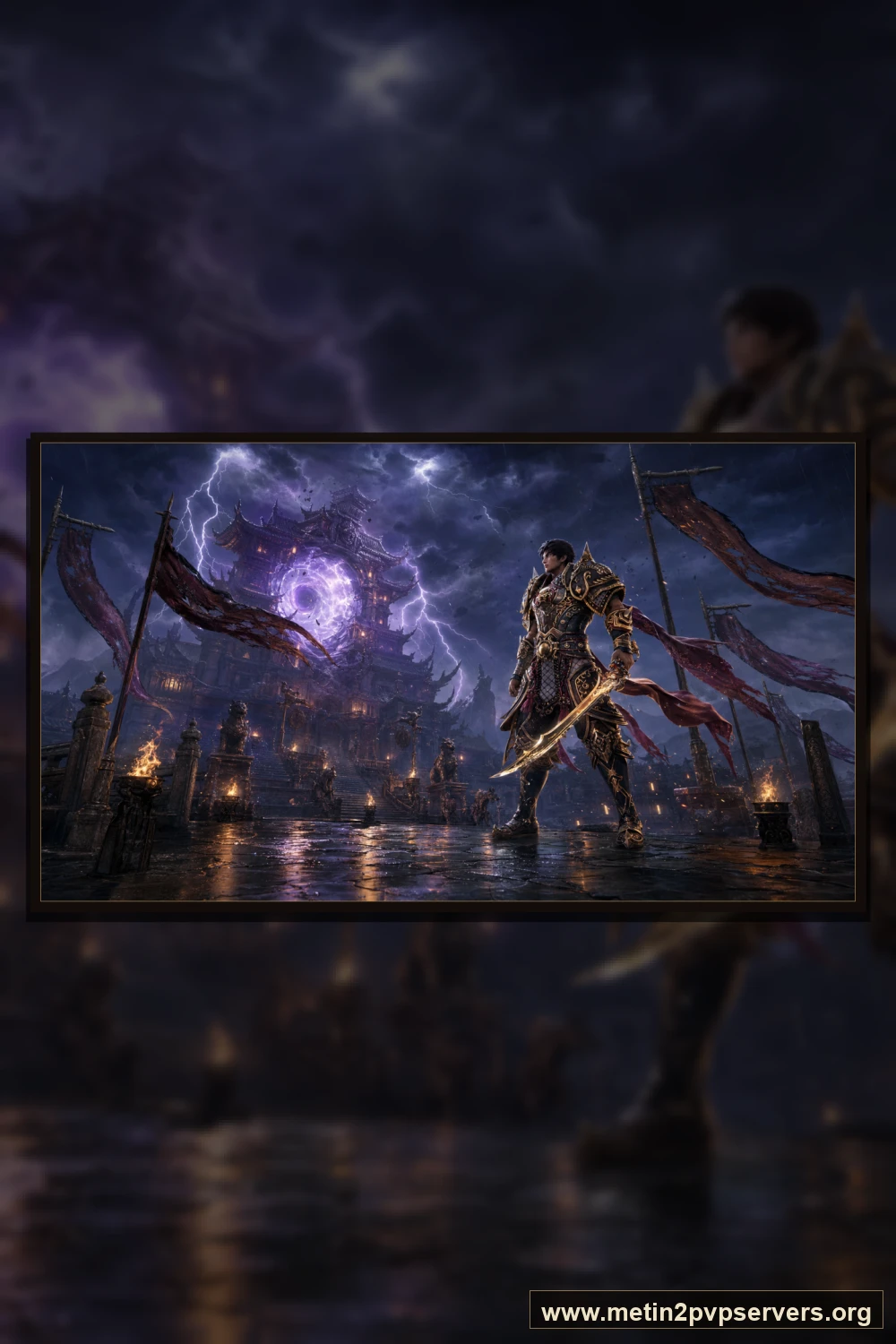 Şimşekli gece pagodasının avlusunda altın işlemeli uzun kılıç taşıyan erkek savaşçı için sinematik Metin2 wallpaper dikey telefon duvar kağıdı